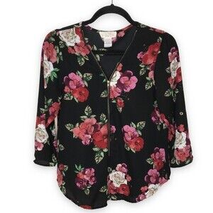 Love Spell Floral Zip Front 3/4 Roll Tab Sleeve Semi Sheer Blouse Womens Medium